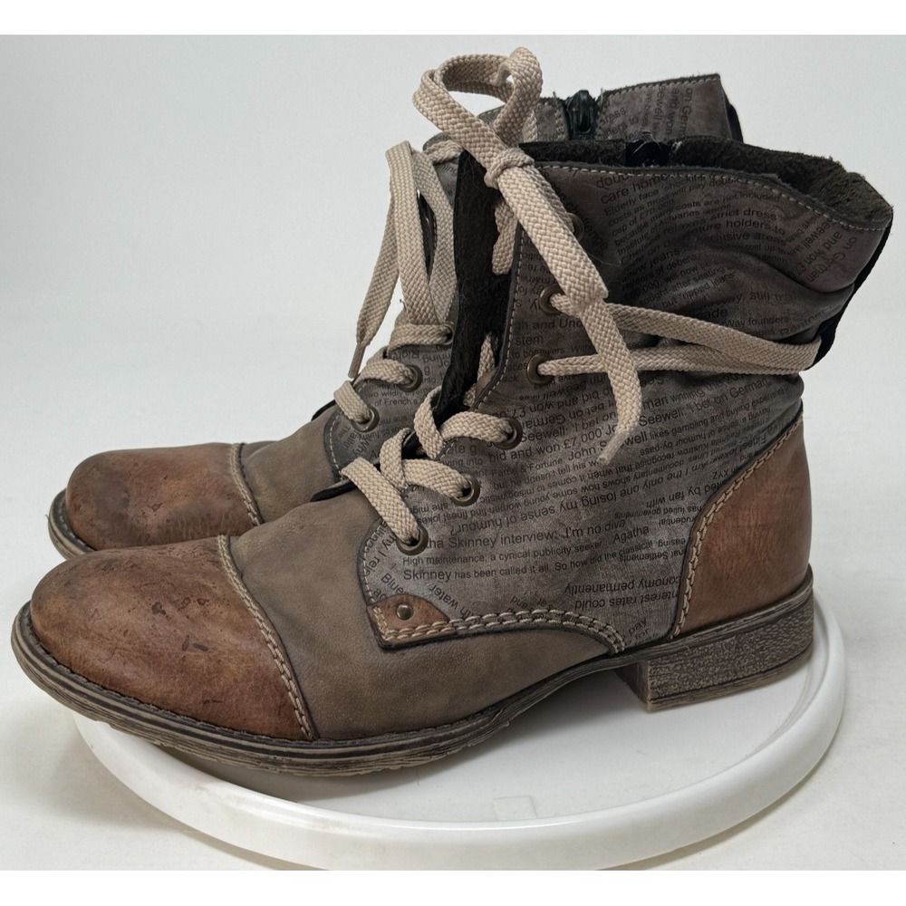 RIEKER Payton Combat Boots Womens US 7 EU‎ 38 Brown Gray Newspaper Print Zip